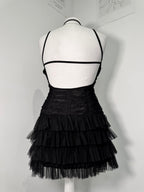 Midnight Mesh Ruched Tiered Dress