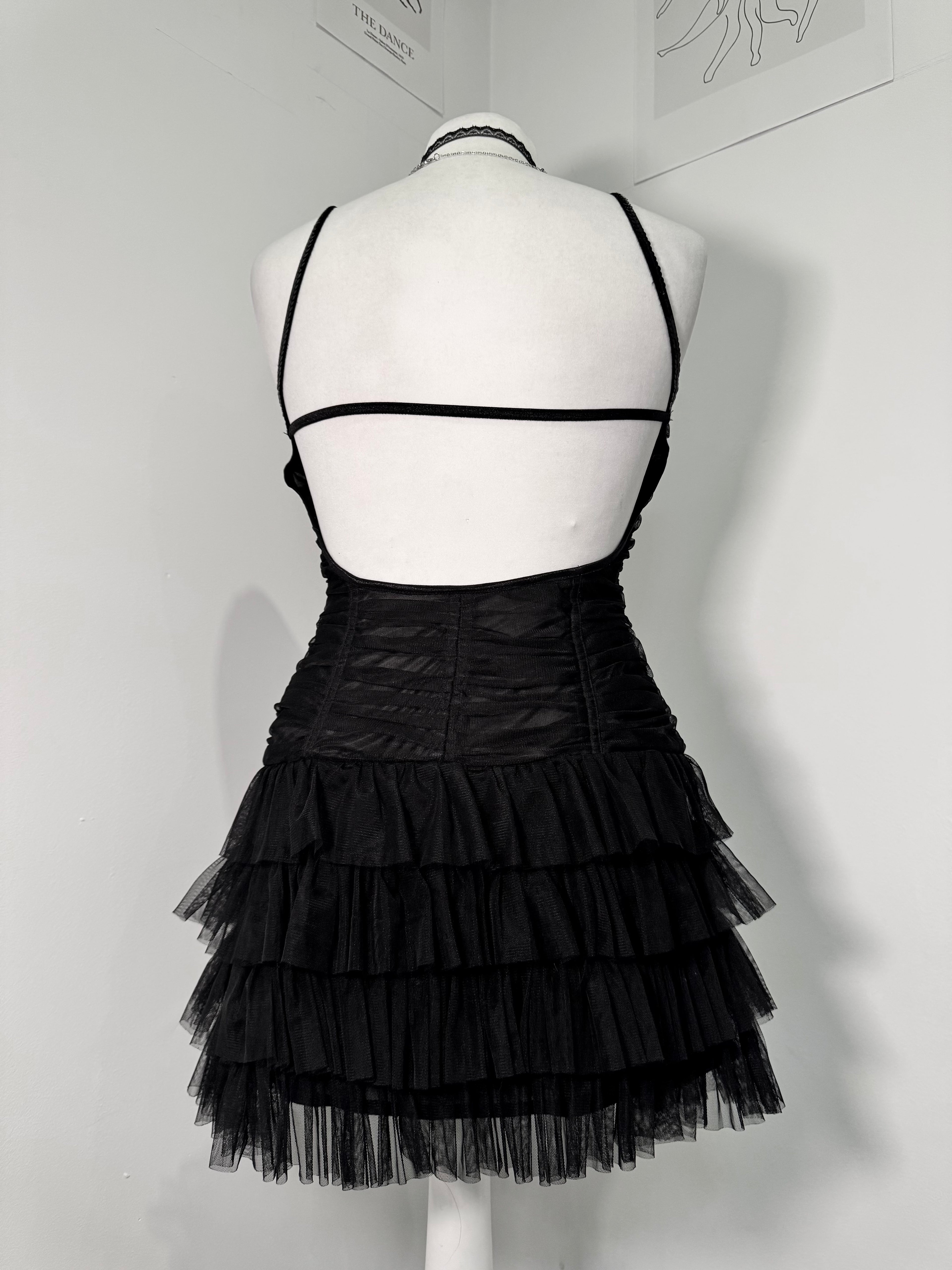 Midnight Mesh Ruched Tiered Dress
