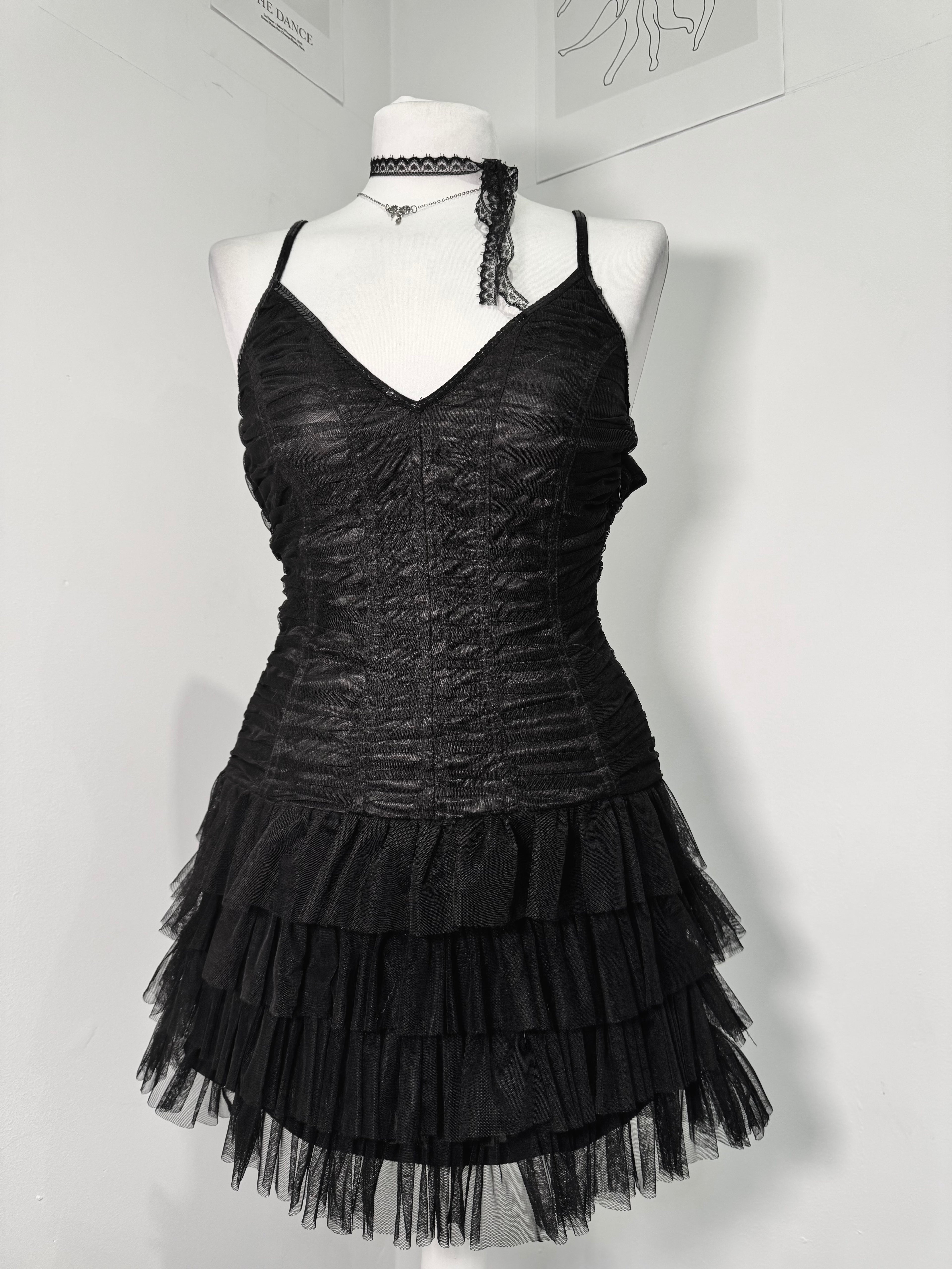 Midnight Mesh Ruched Tiered Dress