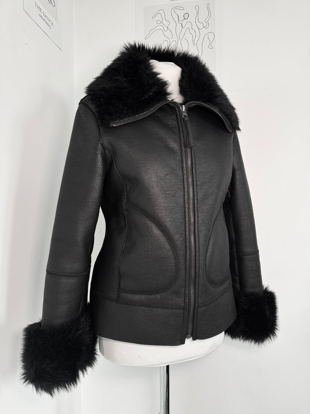 Midnight Faux-Leather Fur Trim Biker Jacket