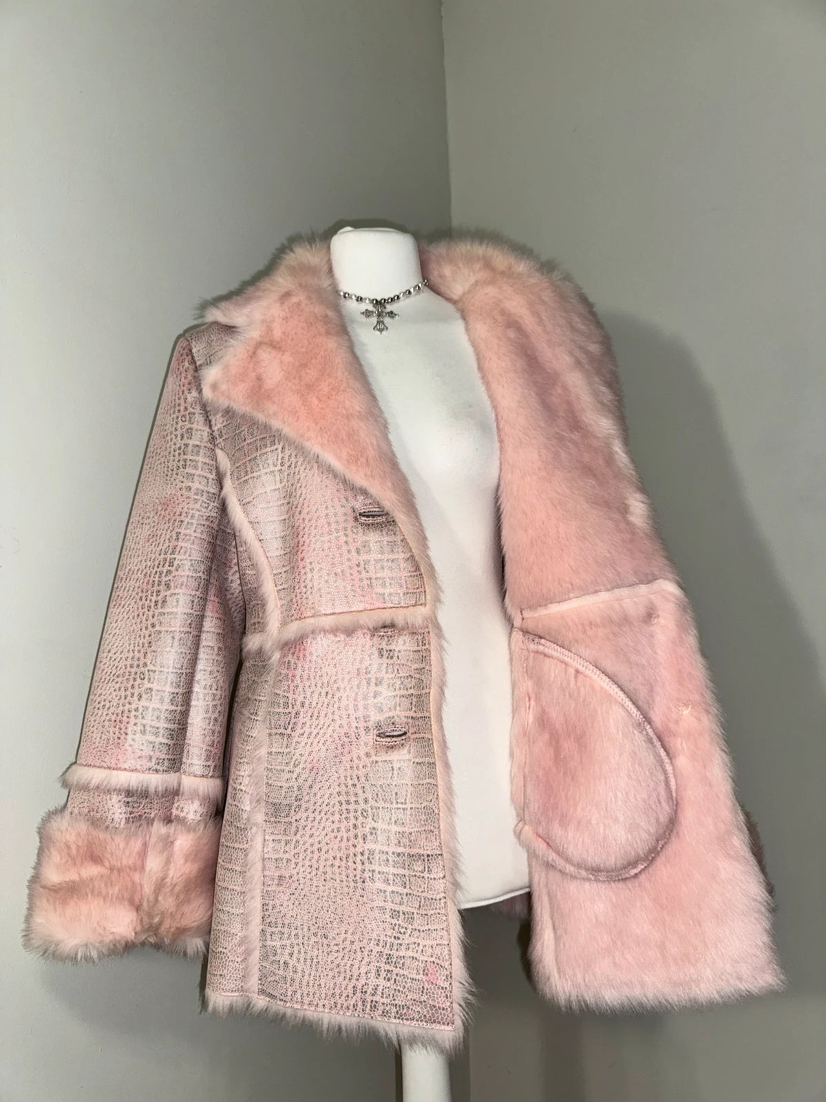 Vintage Pink Faux-Croco Fur Trim Coat