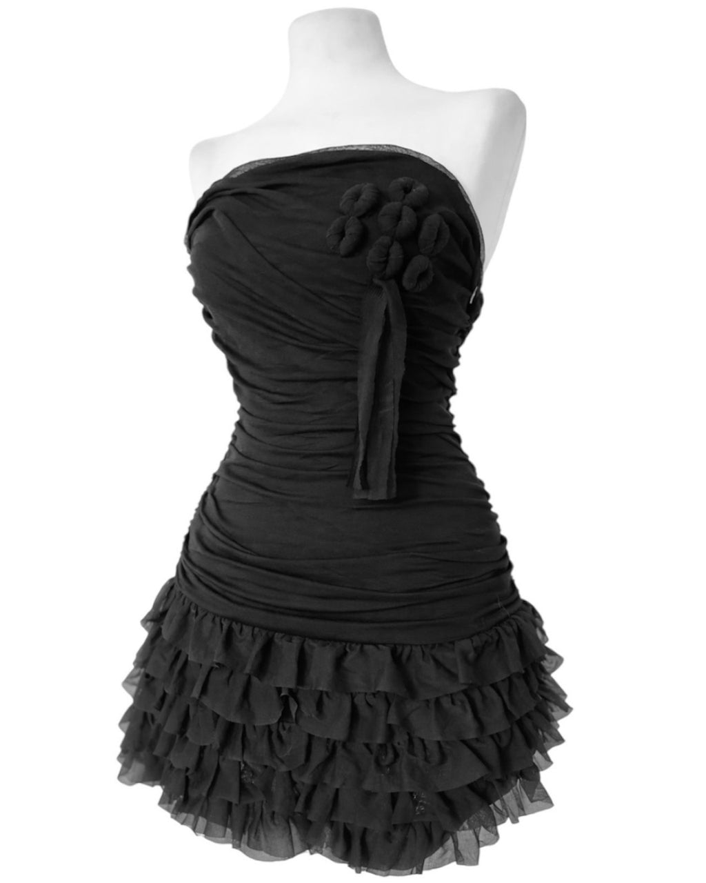 Black mini flared ribbon rose dress