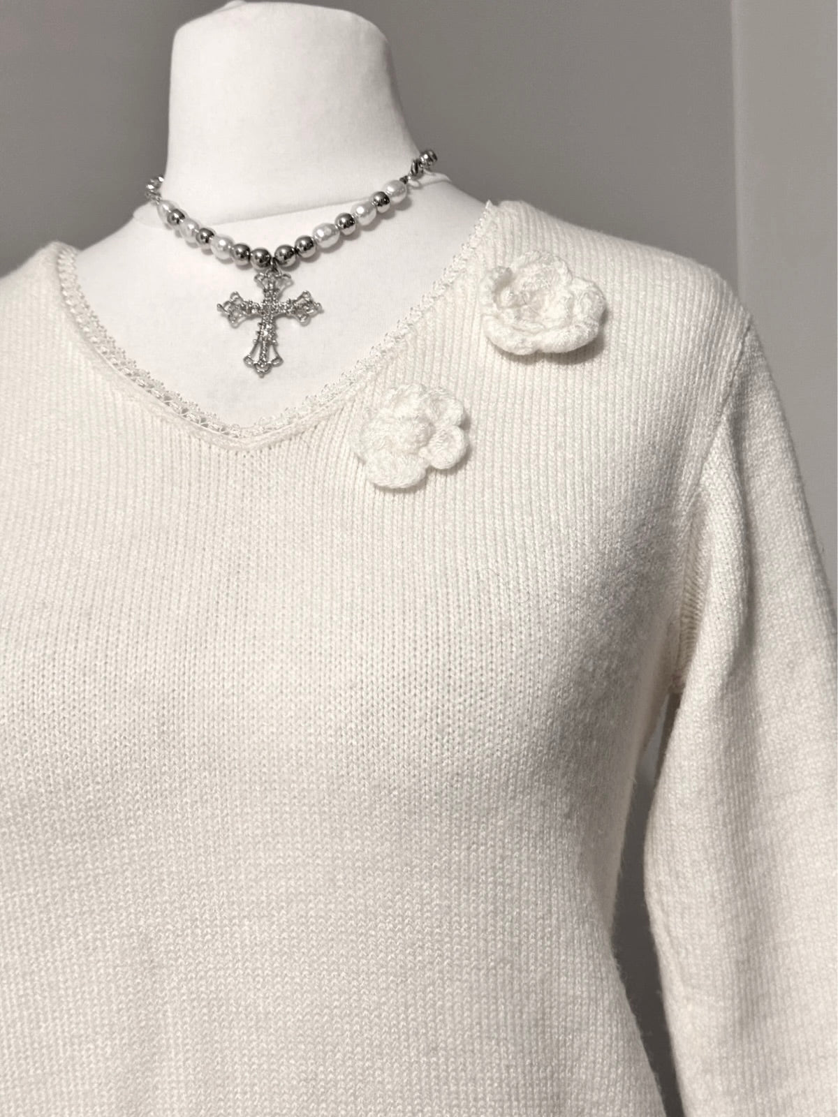 Cream Coquette Rosette Knit Sweater