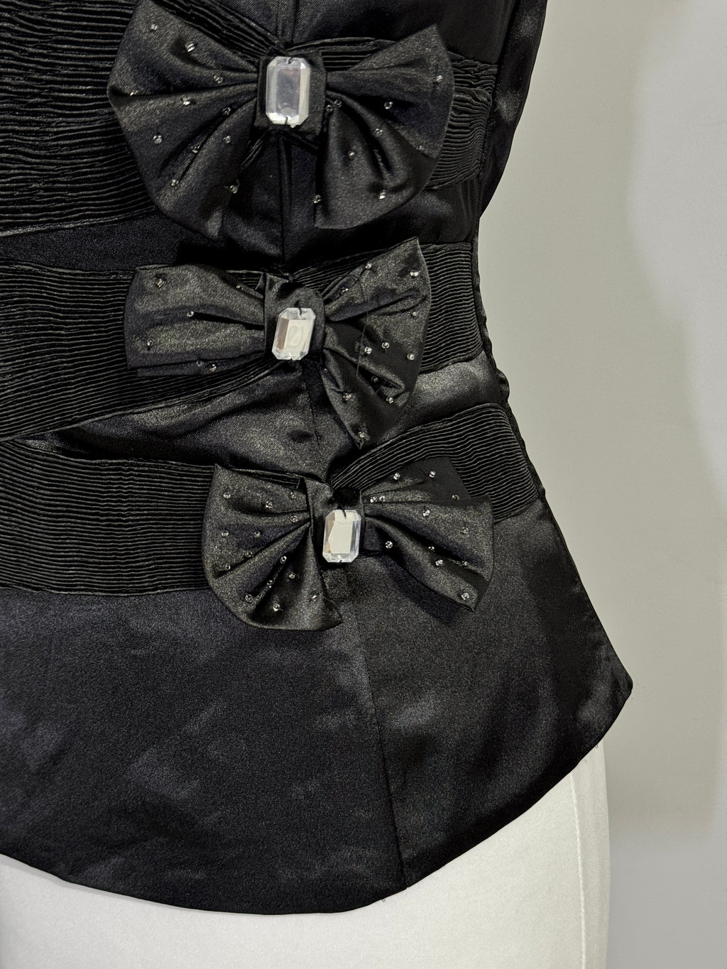 Black Satin Strapless Corset Top with Embellished Bows