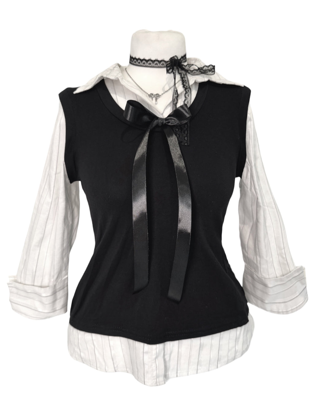 Dark academia Layered Bow Blouse & Vest Set