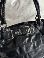 Black Patent Effect Shoulder Bag with Studded Belt Detail