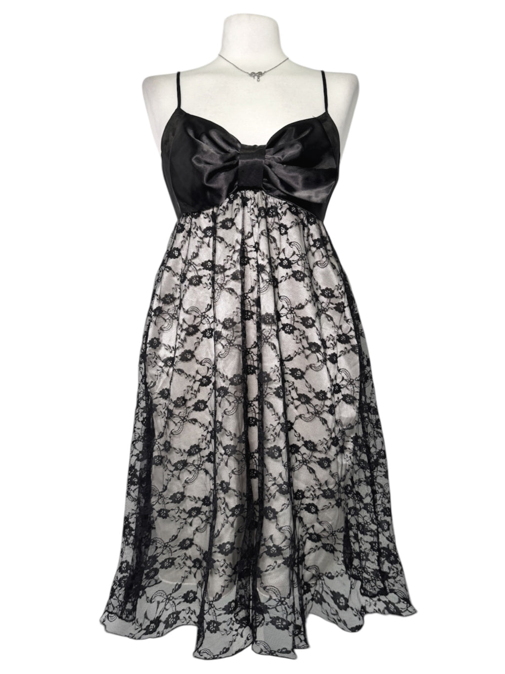 Gothic Black Lace & Satin Bow Midi Dress
