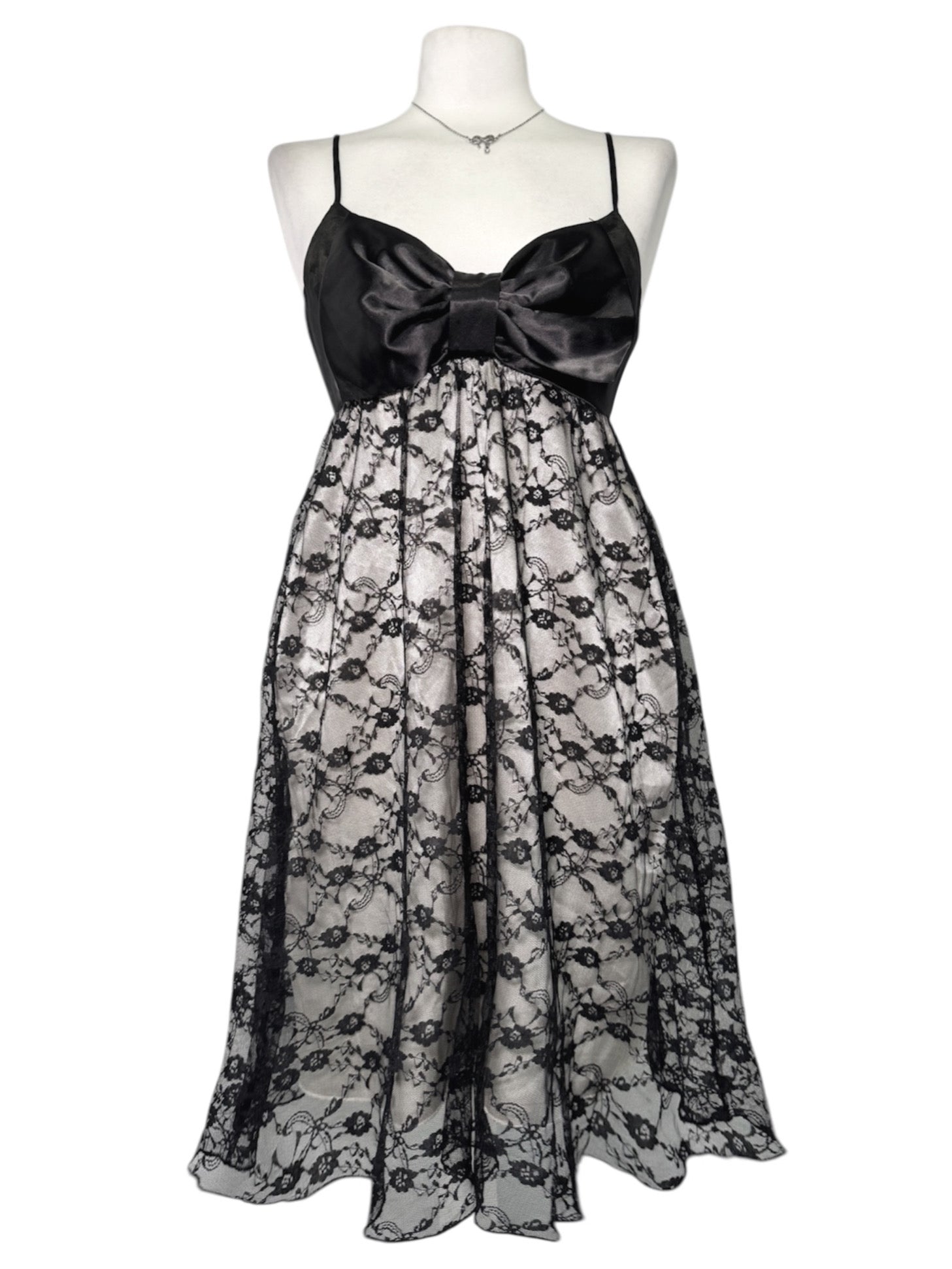 Gothic Black Lace & Satin Bow Midi Dress