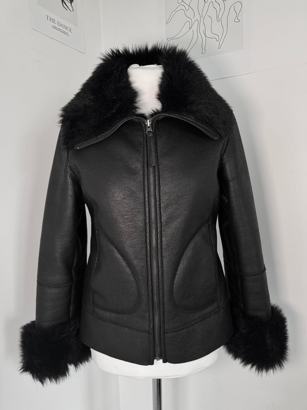Midnight Faux-Leather Fur Trim Biker Jacket