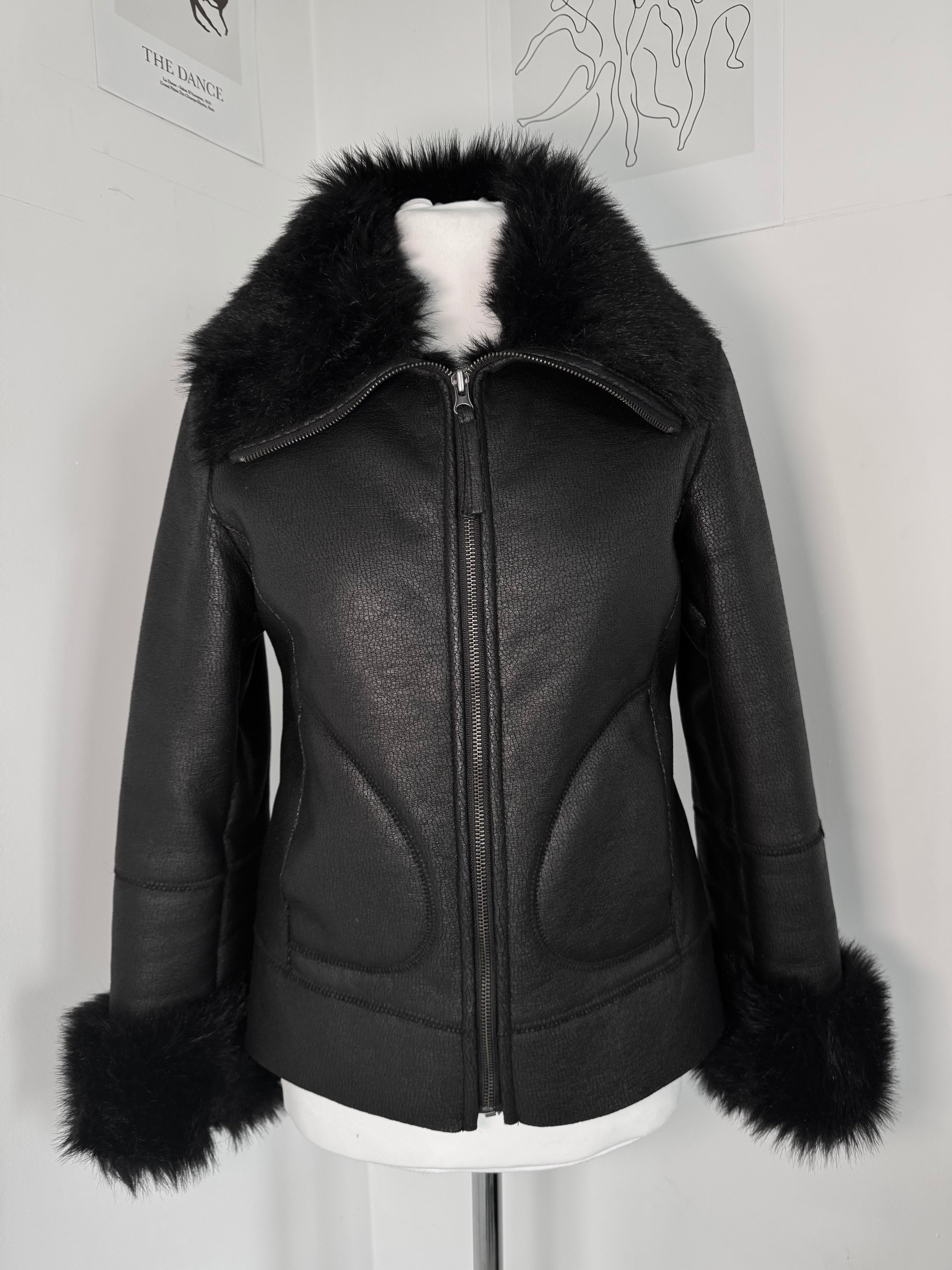 Midnight Faux-Leather Fur Trim Biker Jacket