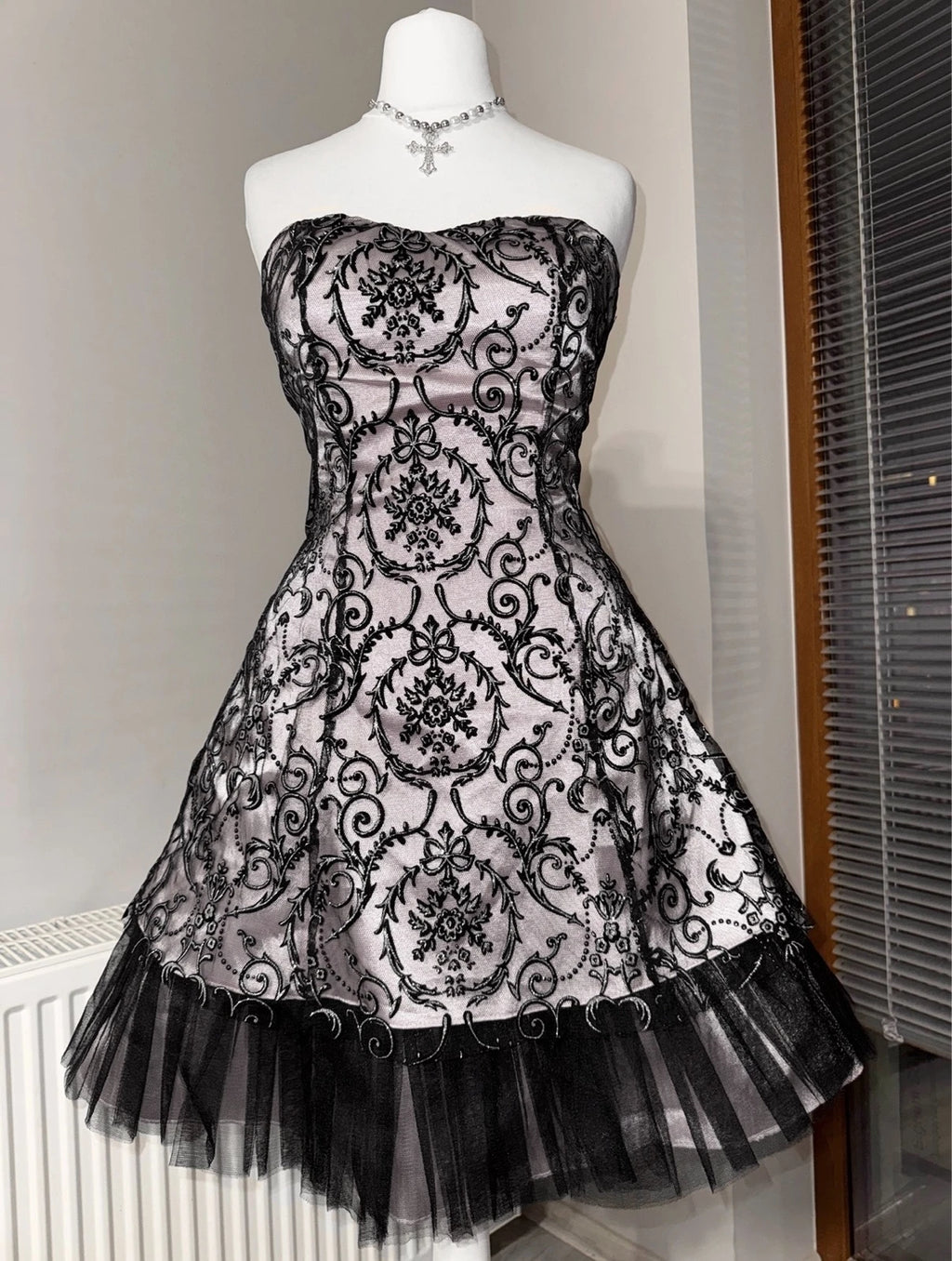 Silver Victorian lace mini strapless dress