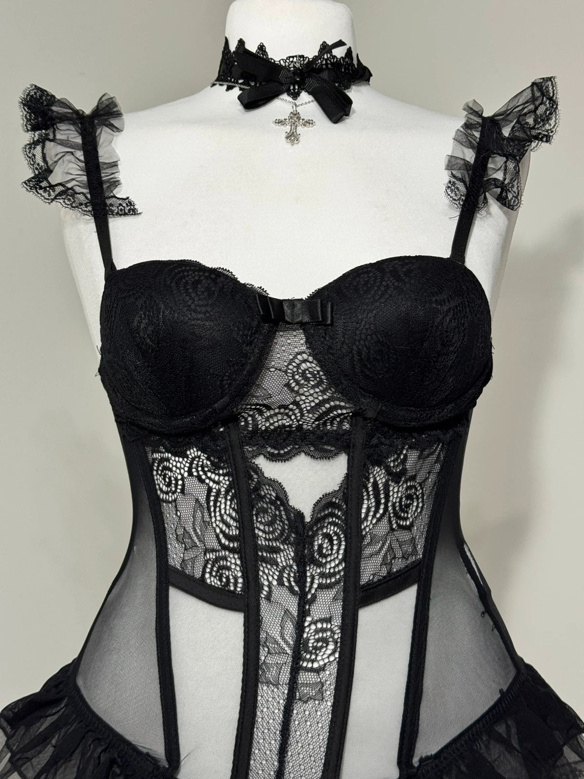 Black dark romance corset vintage top with ruffles
