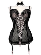 Black polka dot lace-up corset with a little bow