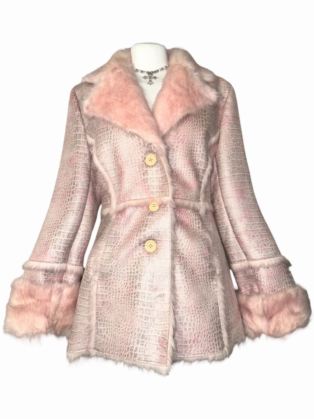 Vintage Pink Faux-Croco Fur Trim Coat