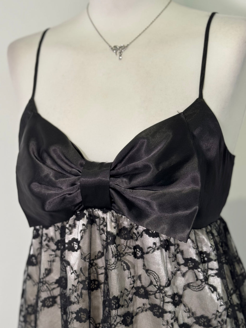 Gothic Black Lace & Satin Bow Midi Dress