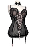 Black polka dot lace-up corset with a little bow