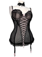 Black polka dot lace-up corset with a little bow