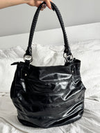 Black Patent Effect Shoulder Bag with Studded Belt Detail