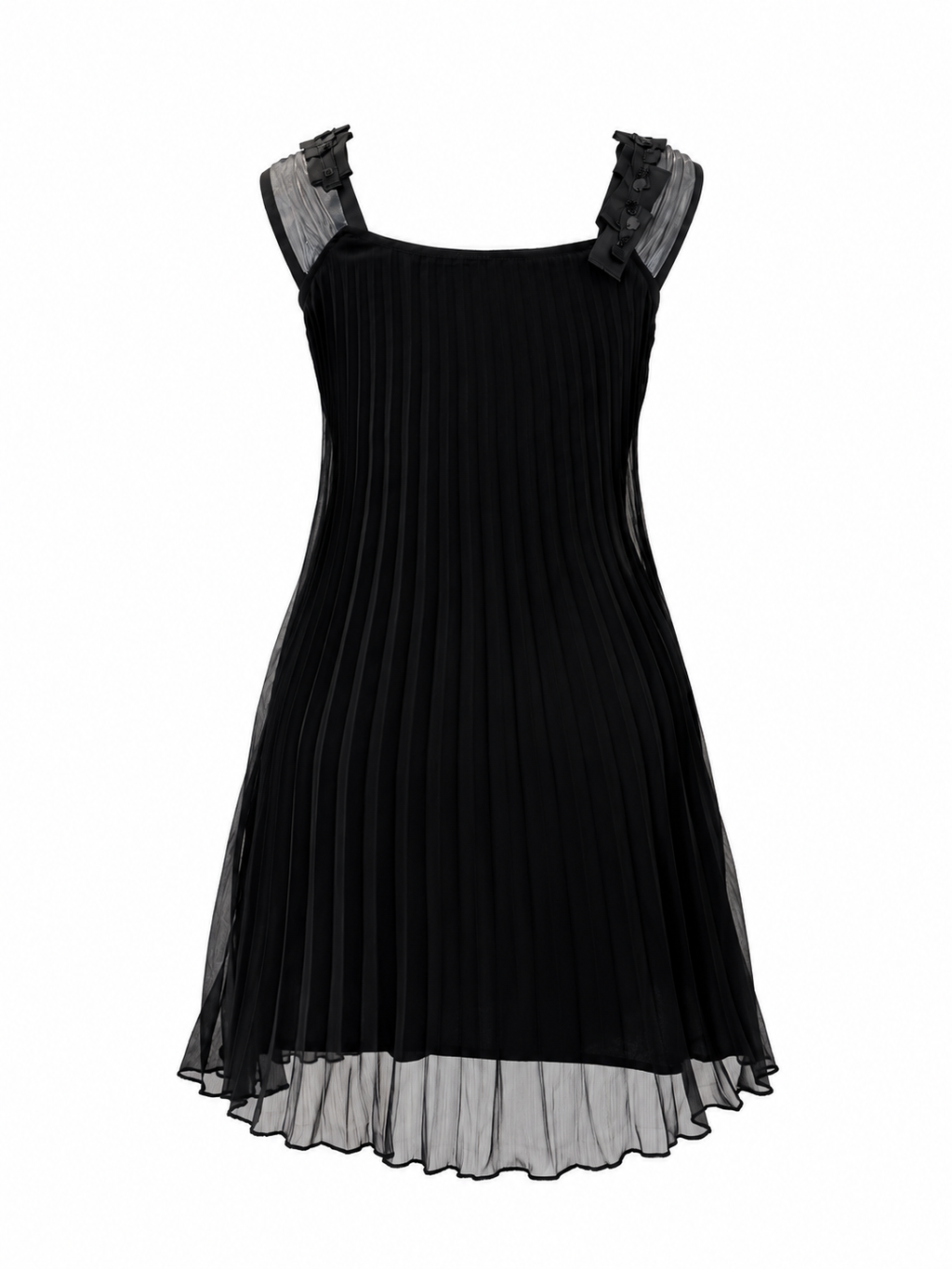 Black Pleated Ribbon Midi Dress