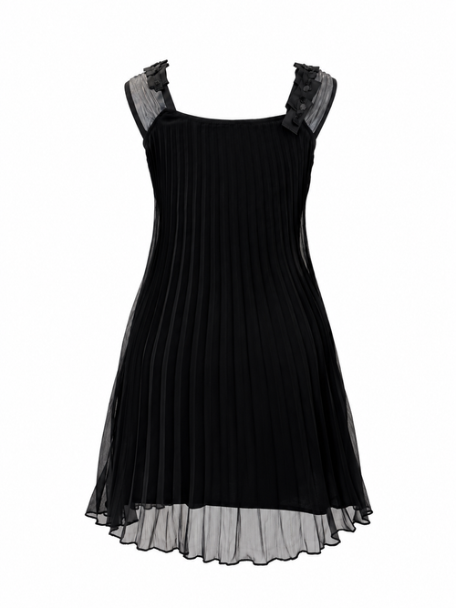 Black Pleated Ribbon Midi Dress