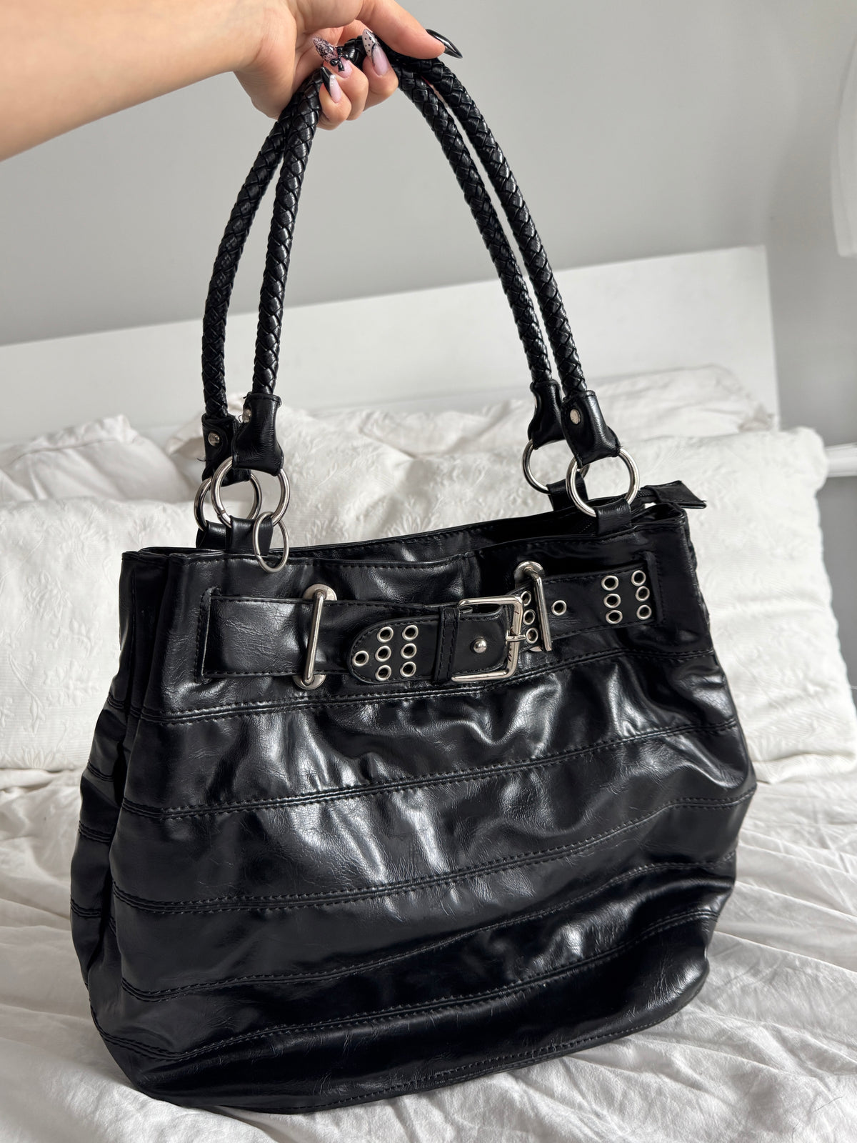 Black Patent Effect Shoulder Bag with Studded Belt Detail
