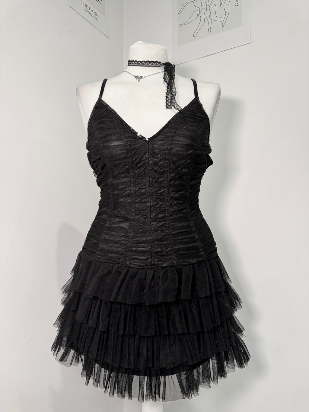 Midnight Mesh Ruched Tiered Dress
