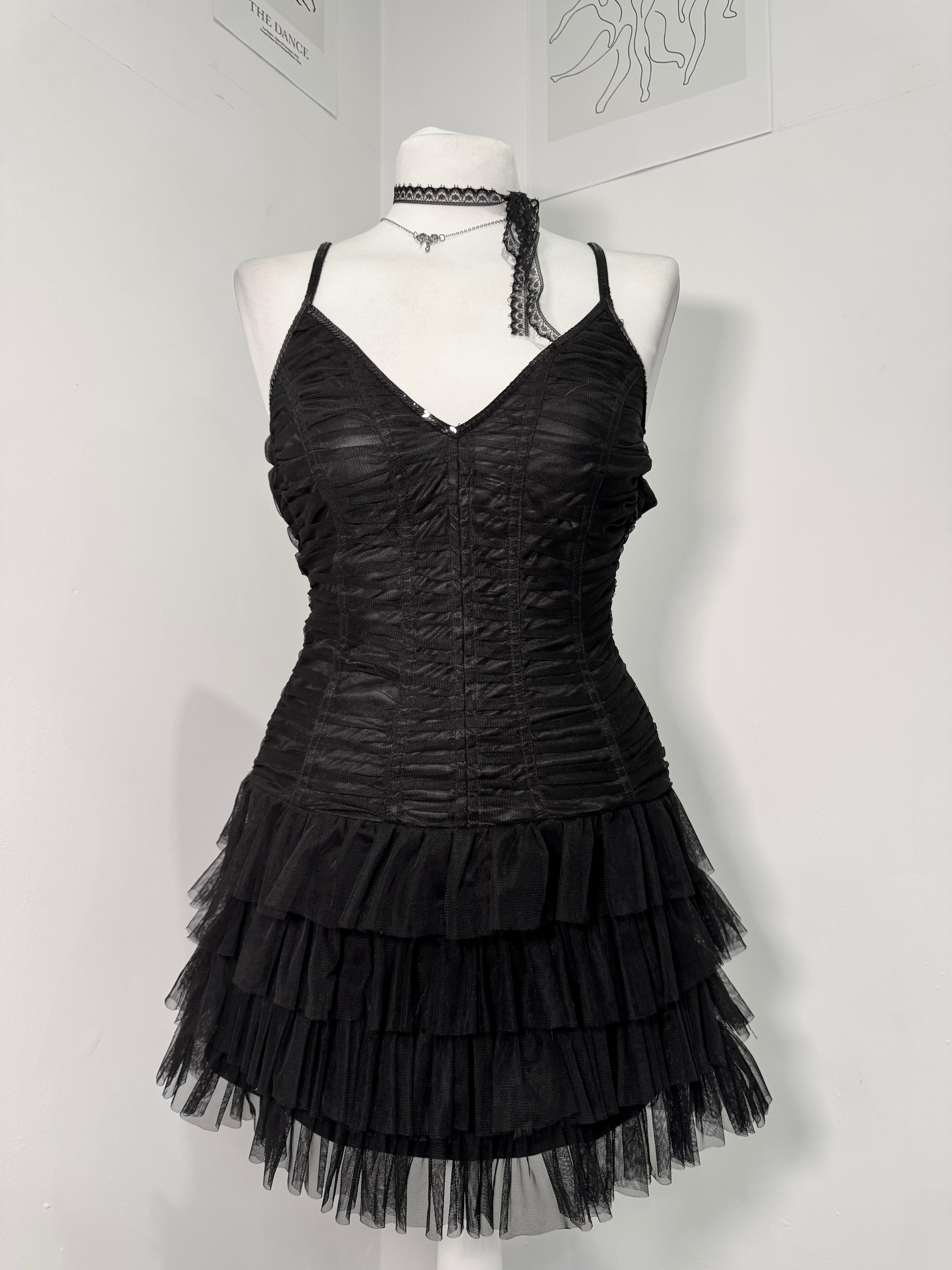 Midnight Mesh Ruched Tiered Dress
