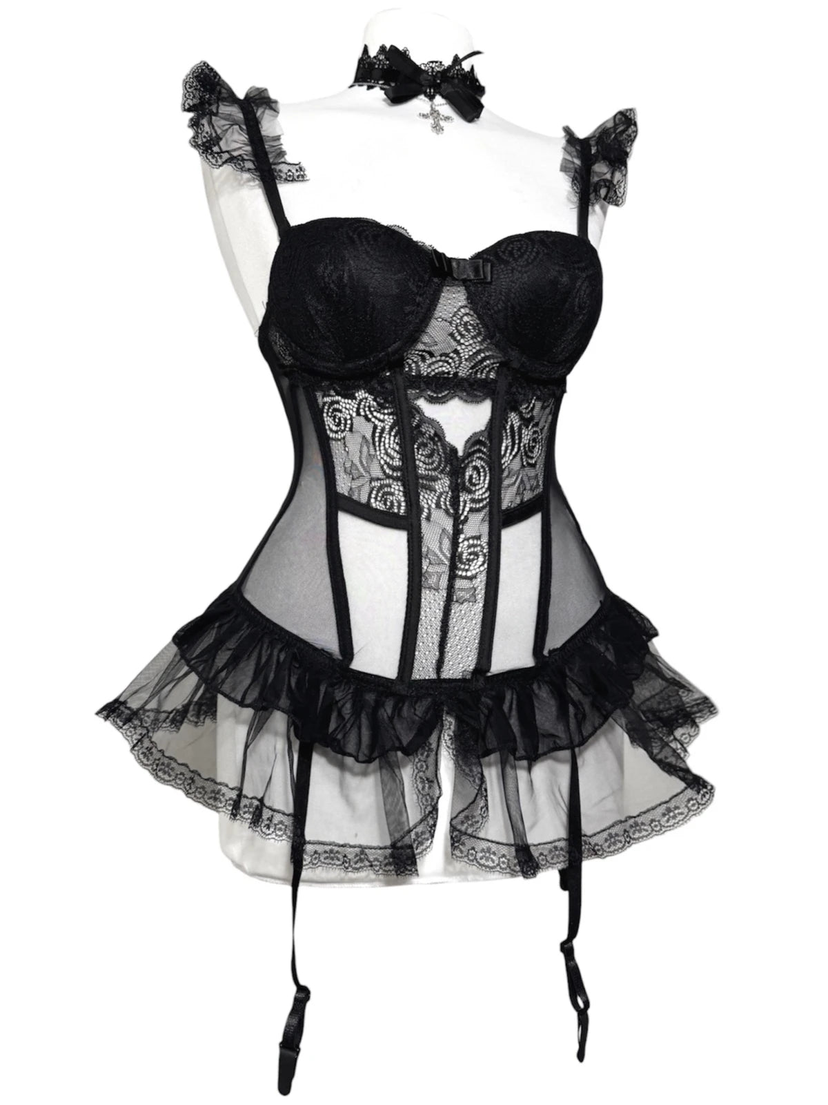 Black dark romance corset vintage top with ruffles