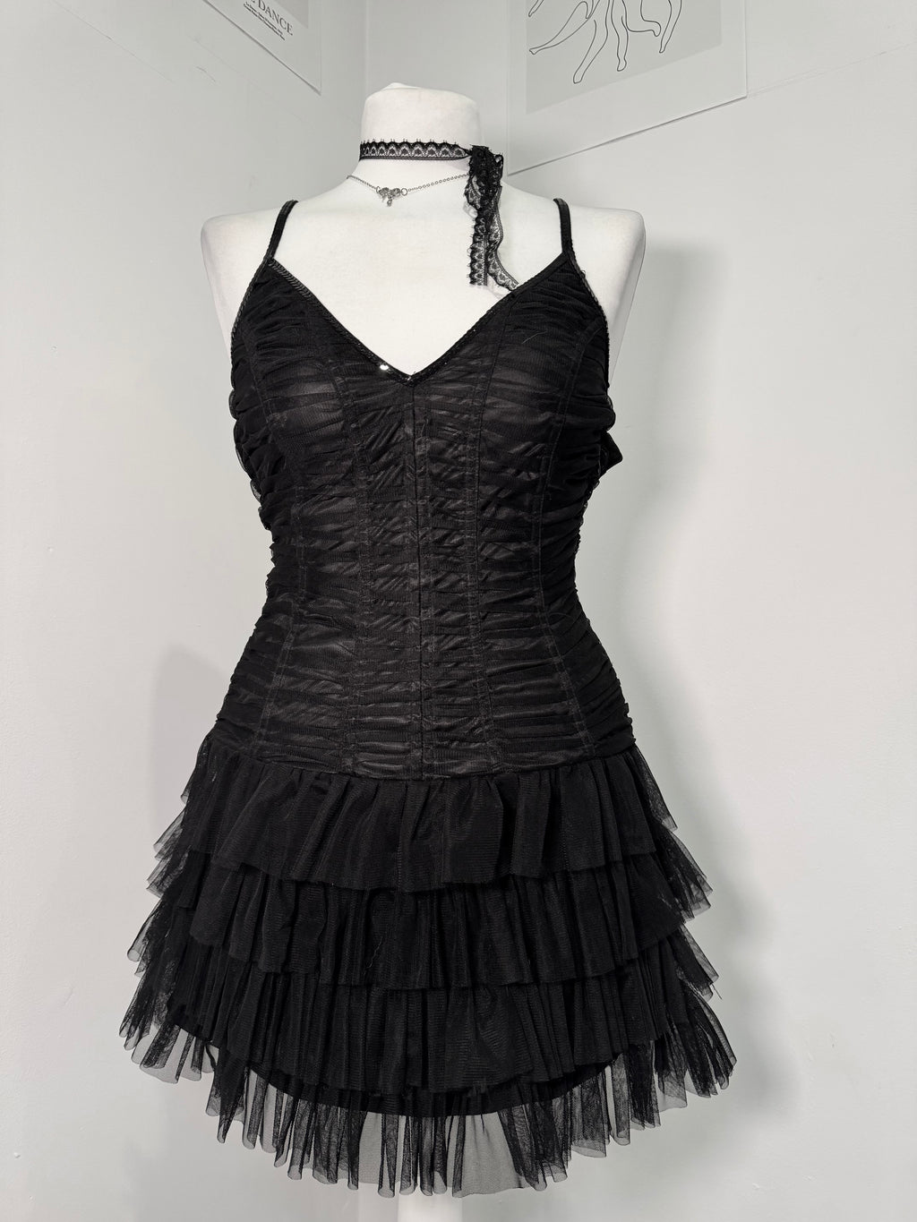 Midnight Mesh Ruched Tiered Dress