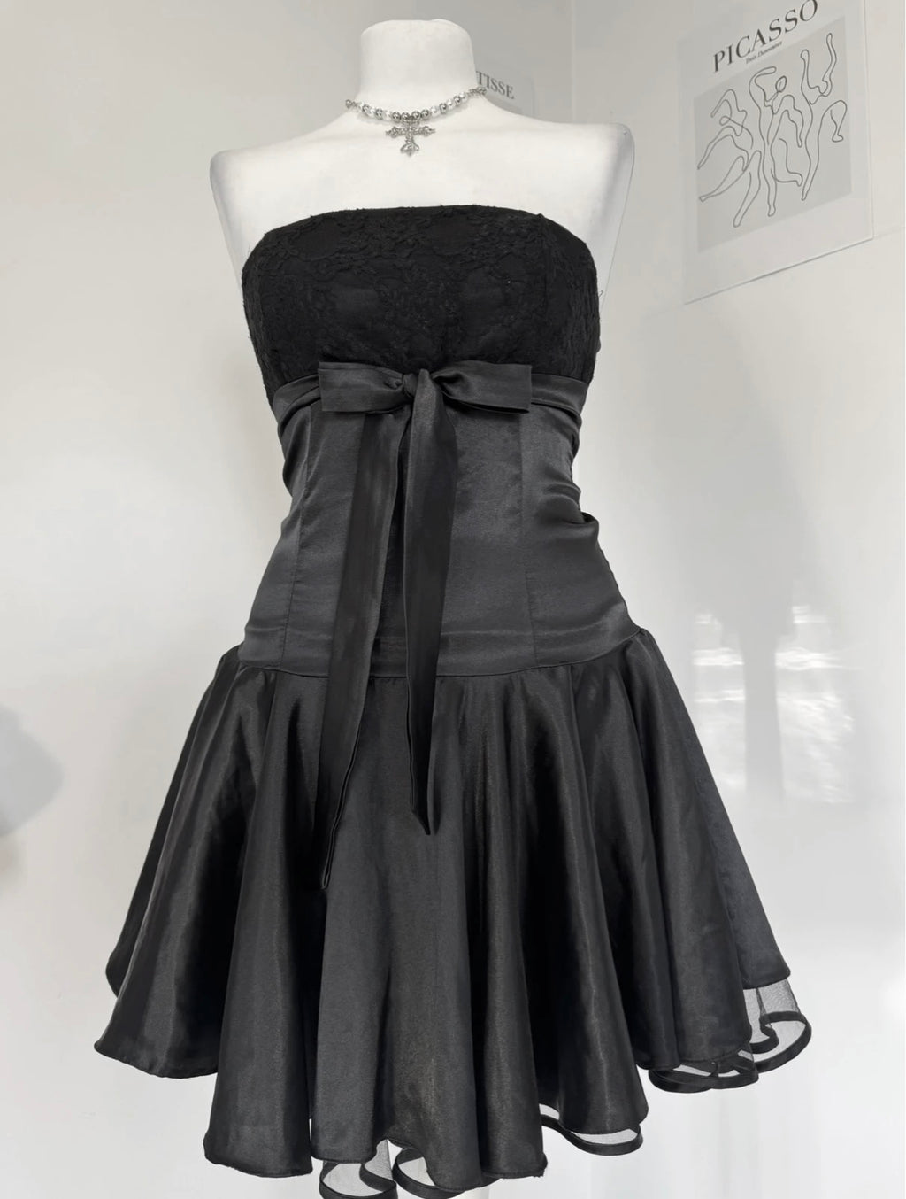 Midnight Satin & Lace Strapless Mini Dress