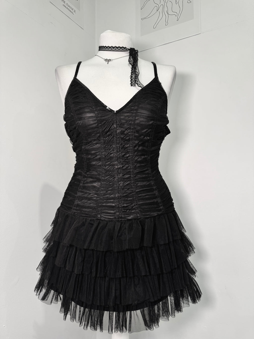 Midnight Mesh Ruched Tiered Dress