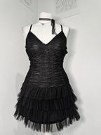 Midnight Mesh Ruched Tiered Dress