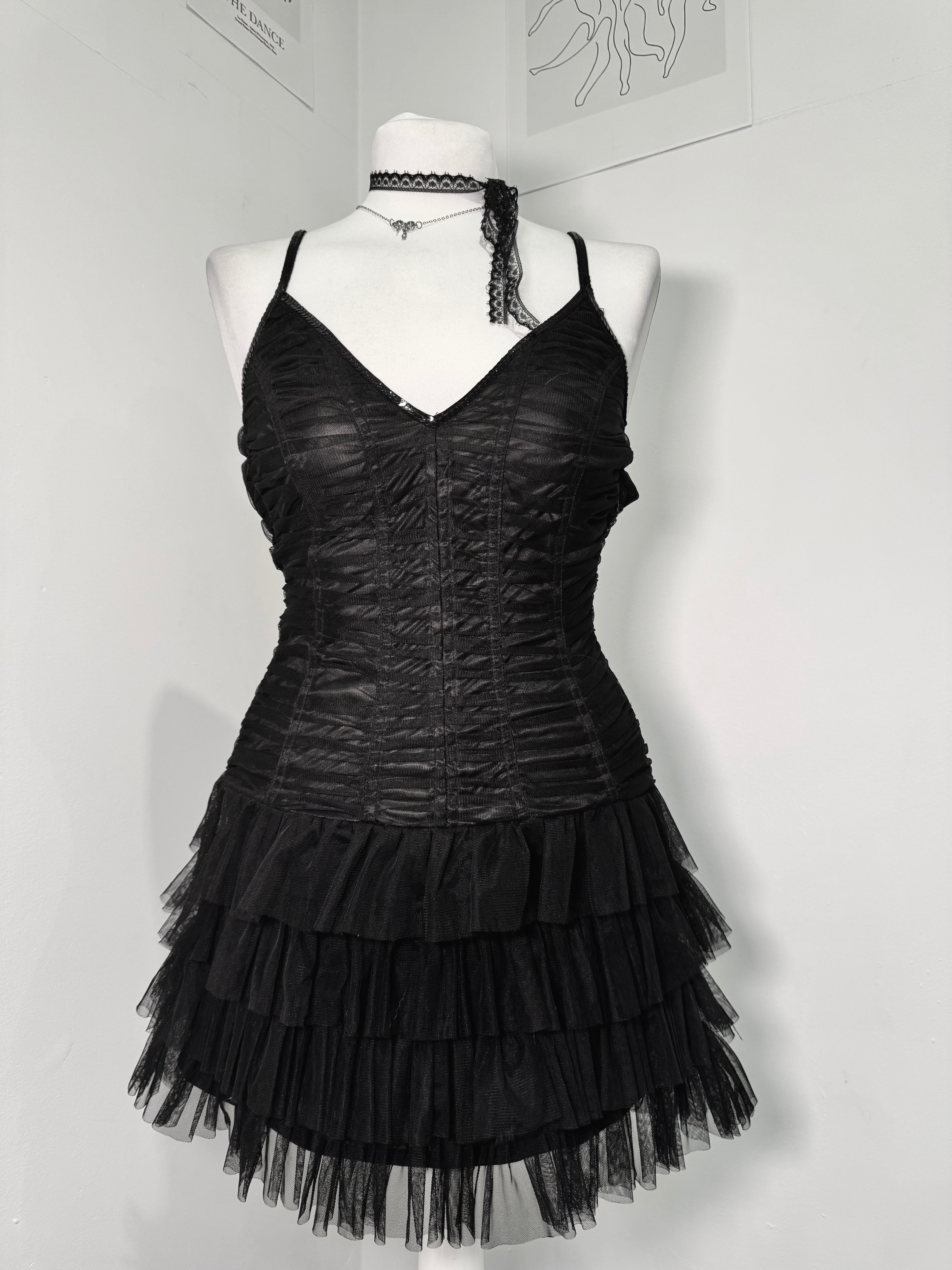 Midnight Mesh Ruched Tiered Dress