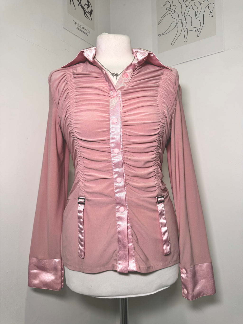Dusty pink satin shirt with drapery