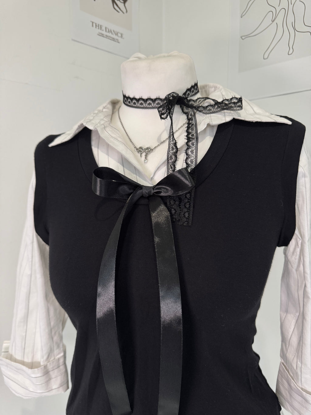 Dark academia Layered Bow Blouse & Vest Set