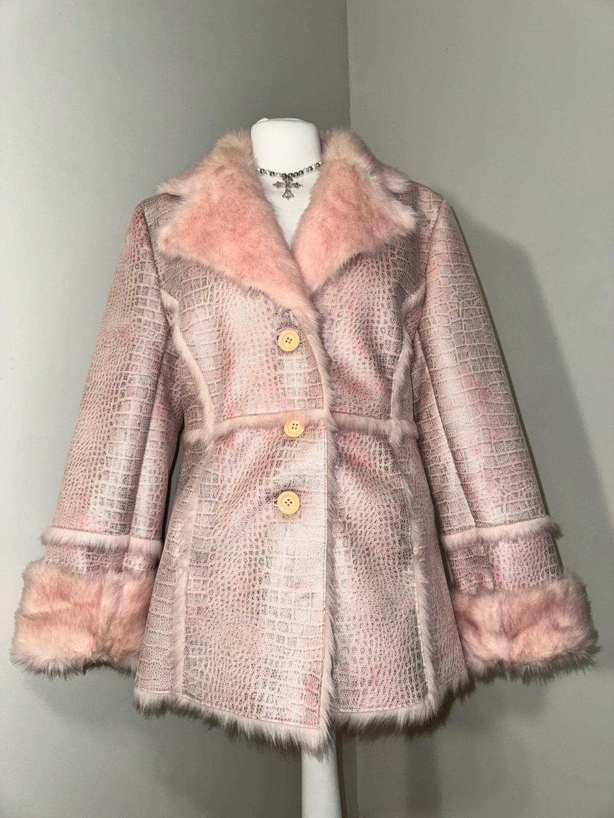 Vintage Pink Faux-Croco Fur Trim Coat