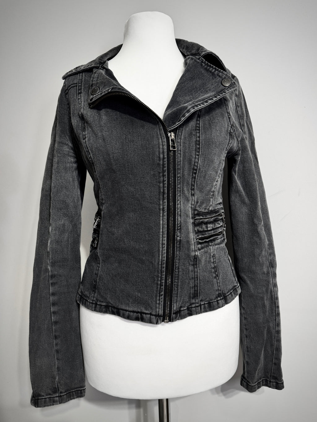 Charcoal Acid Wash Denim Biker Jacket