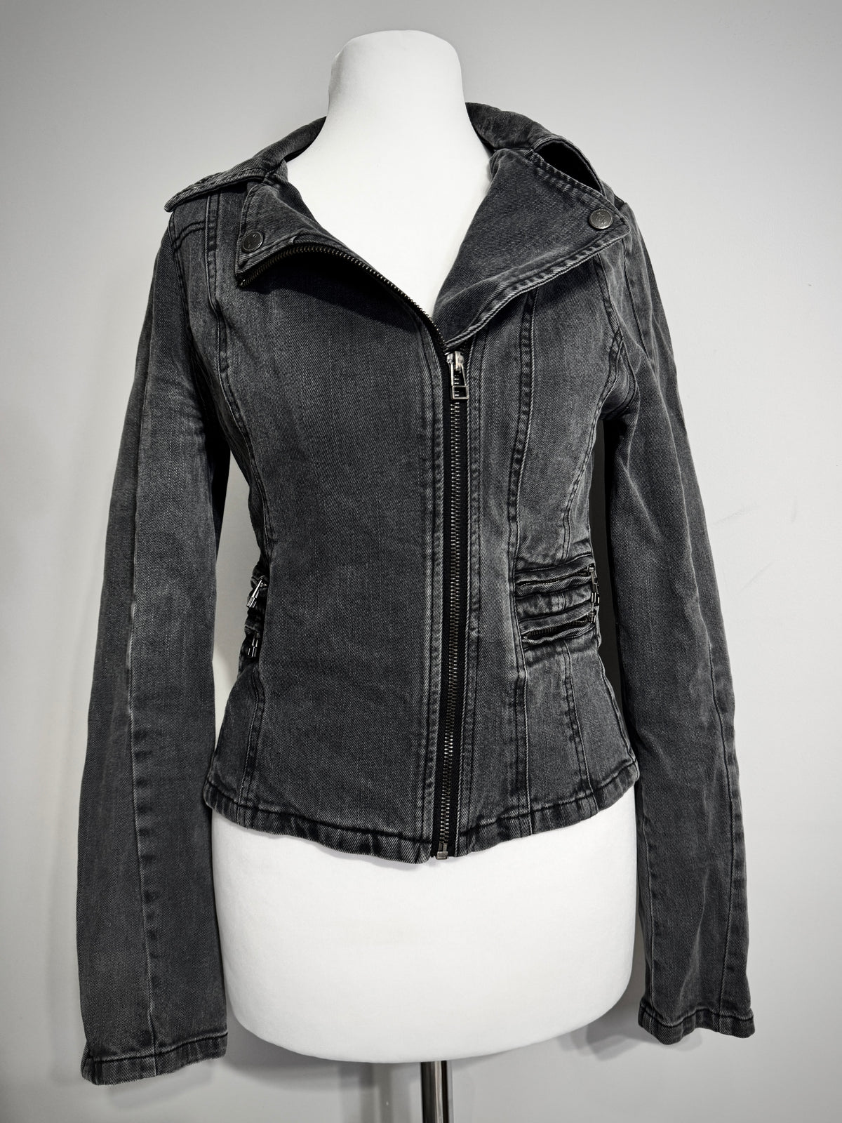 Charcoal Acid Wash Denim Biker Jacket