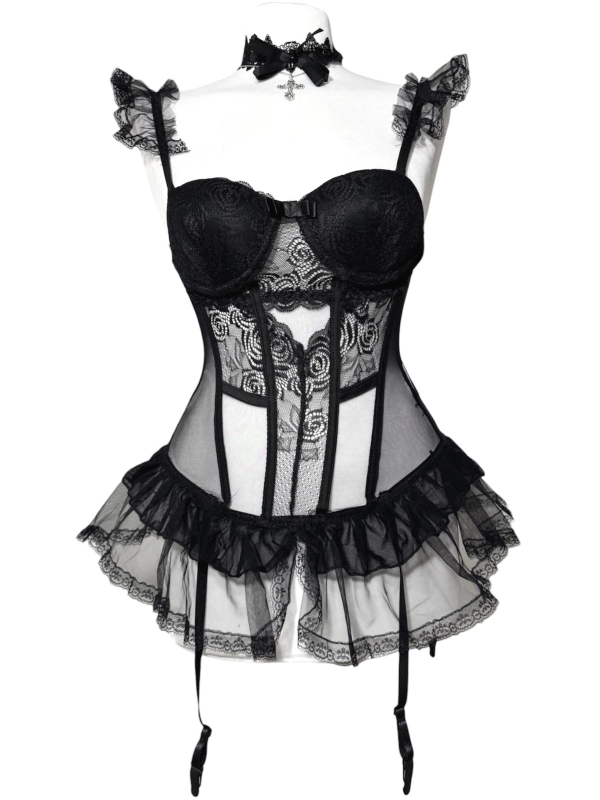 Black dark romance corset vintage top with ruffles