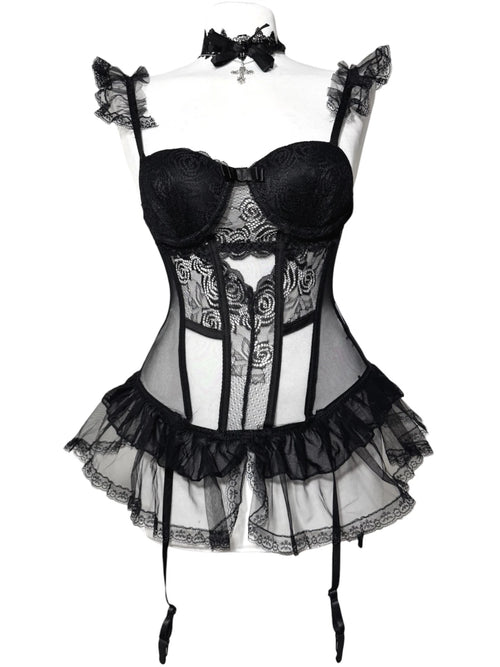 Black dark romance corset vintage top with ruffles
