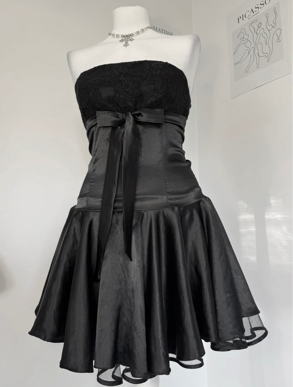 Midnight Satin & Lace Strapless Mini Dress