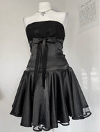 Midnight Satin & Lace Strapless Mini Dress