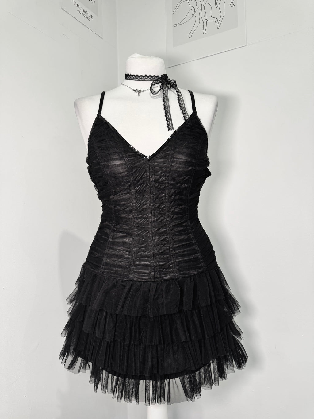 Midnight Mesh Ruched Tiered Dress