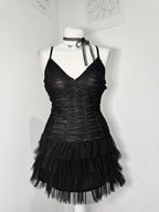 Midnight Mesh Ruched Tiered Dress