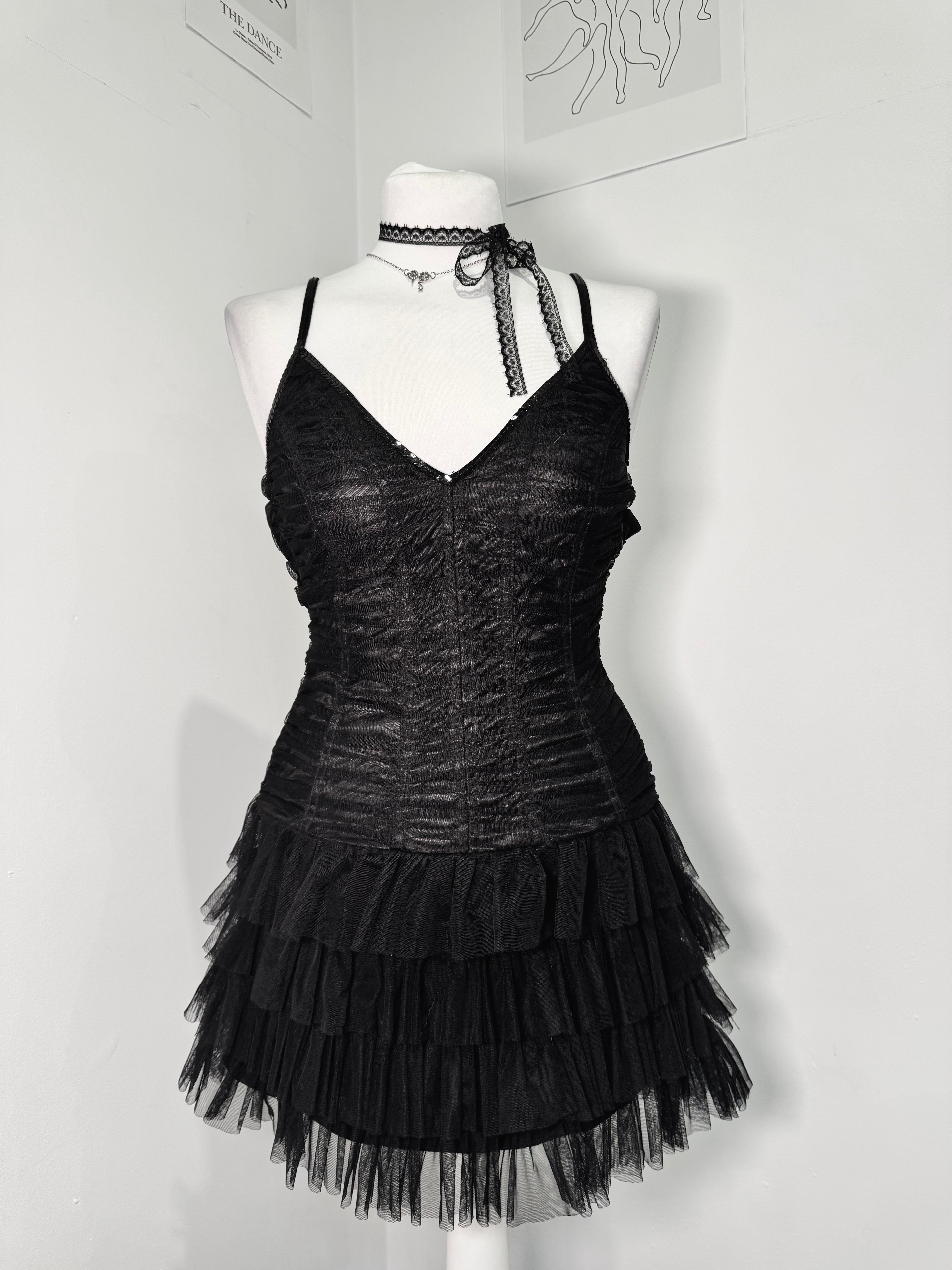 Midnight Mesh Ruched Tiered Dress