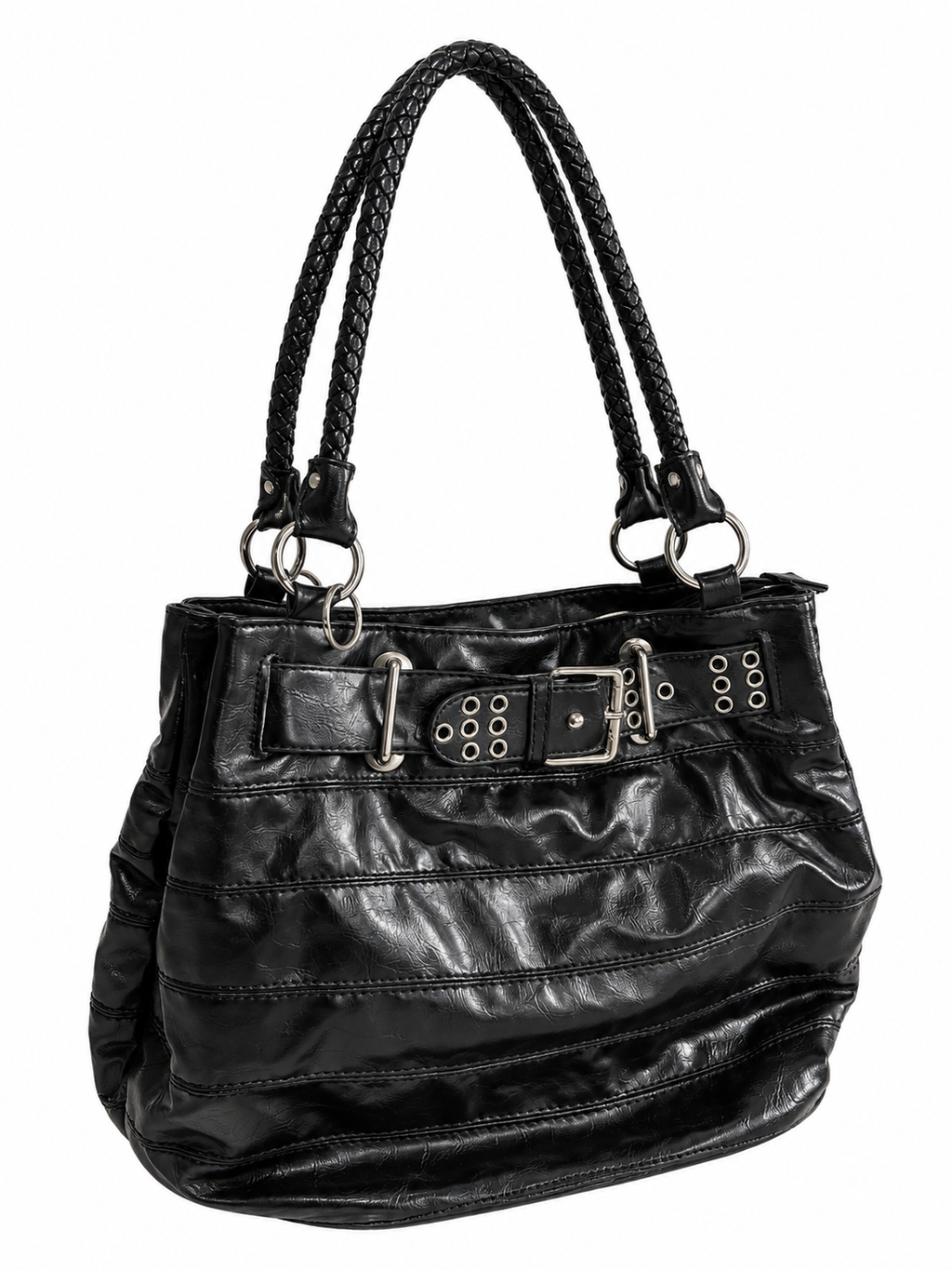 Black Patent Effect Shoulder Bag with Studded Belt Detail