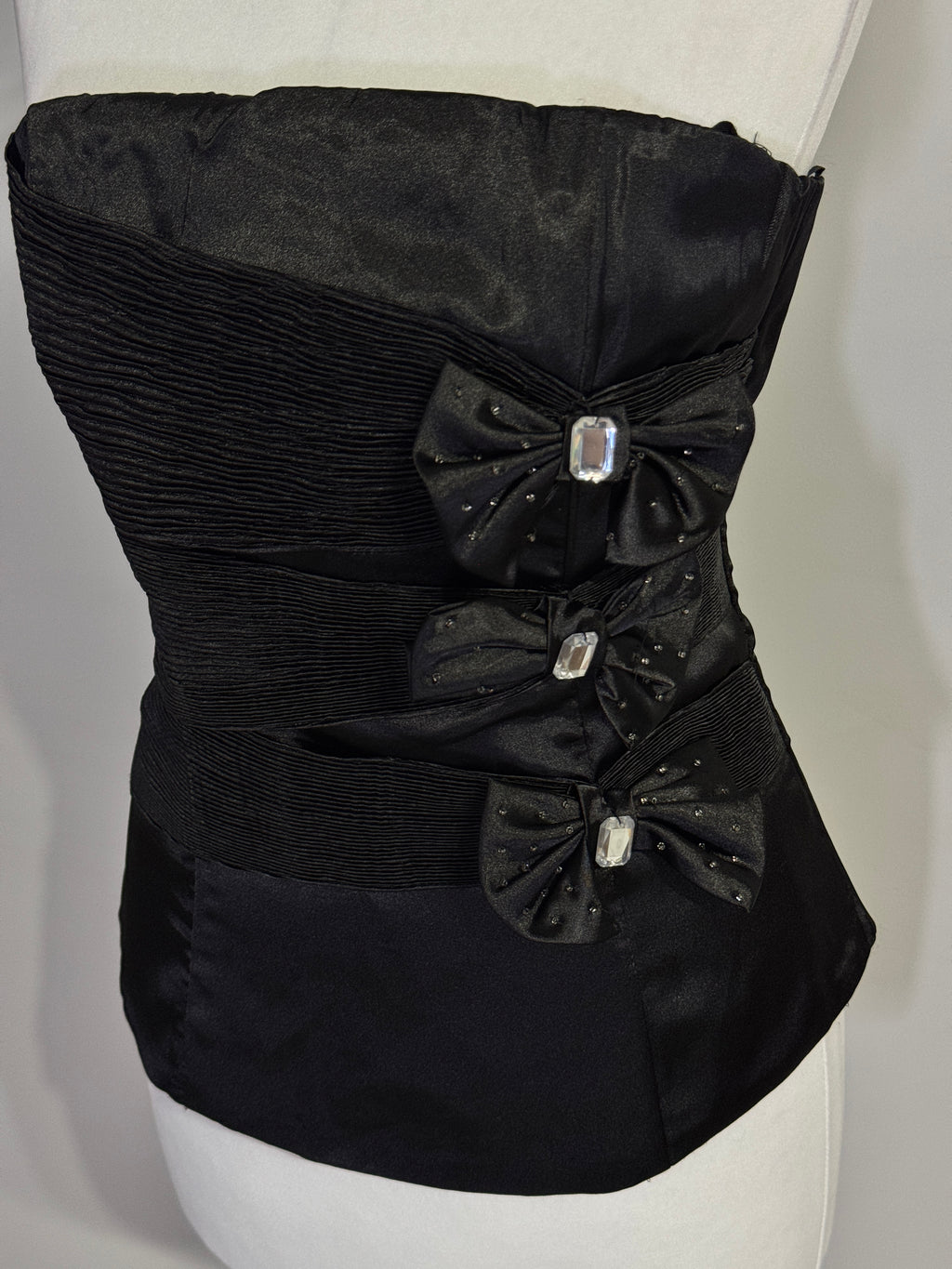 Black Satin Strapless Corset Top with Embellished Bows