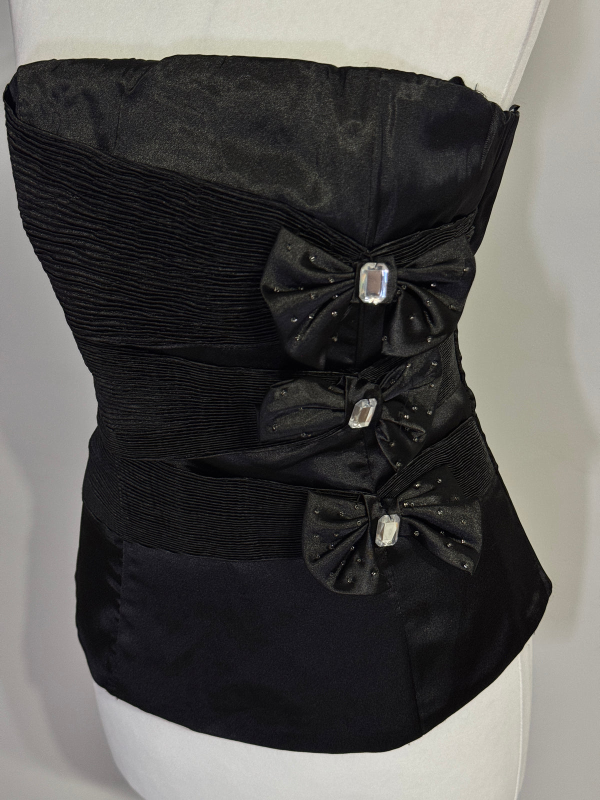 Black Satin Strapless Corset Top with Embellished Bows