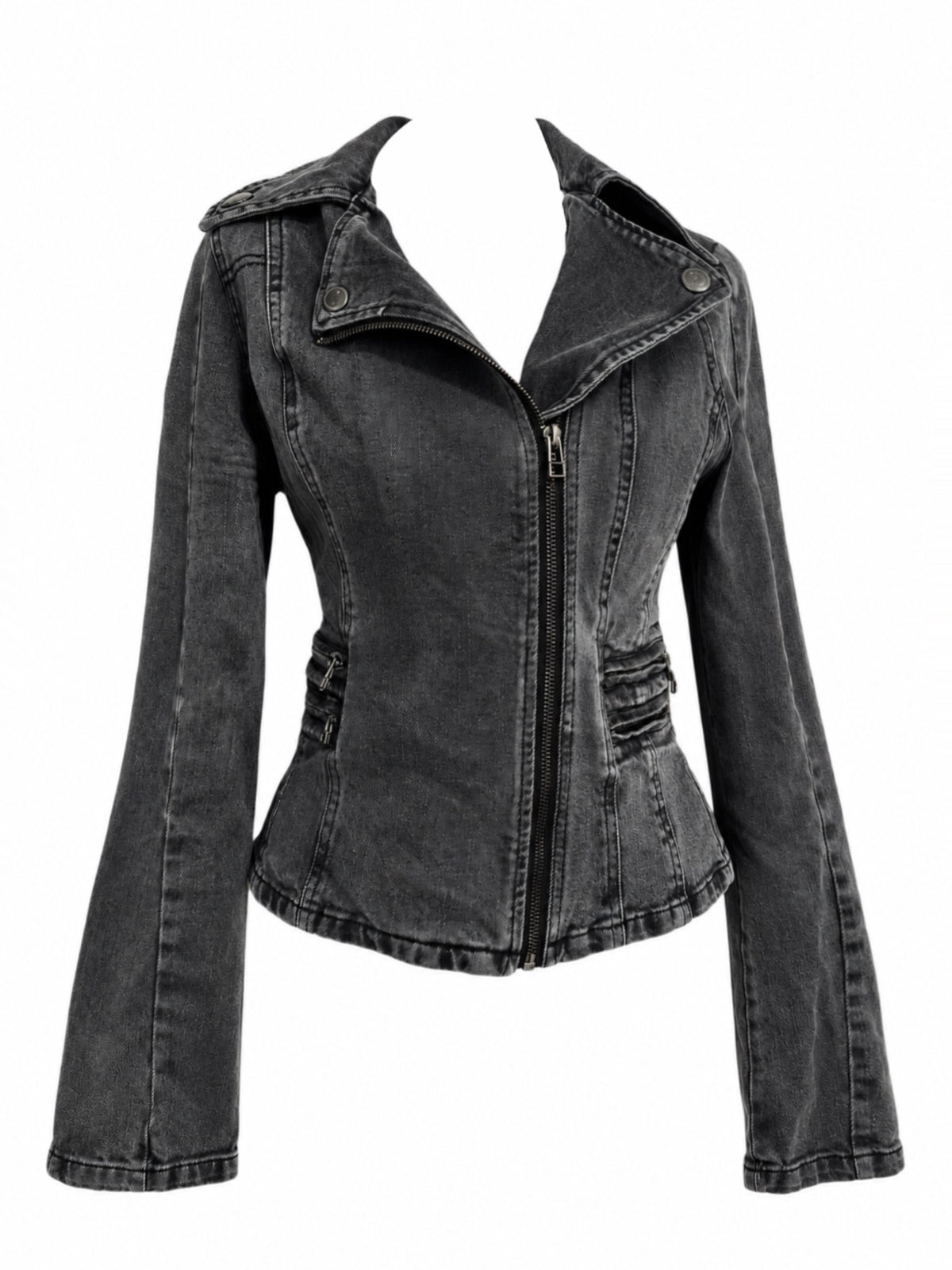 Charcoal Acid Wash Denim Biker Jacket
