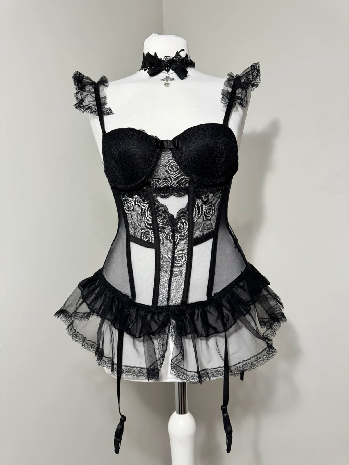 Black dark romance corset vintage top with ruffles
